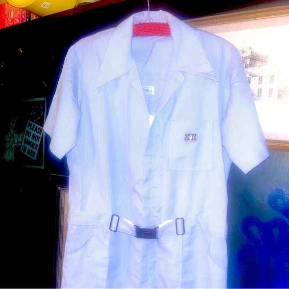 ORIG VTG Bill Parry Pinstriped Seersucker leisure suit with bronze buckle - Picture 6 of 15